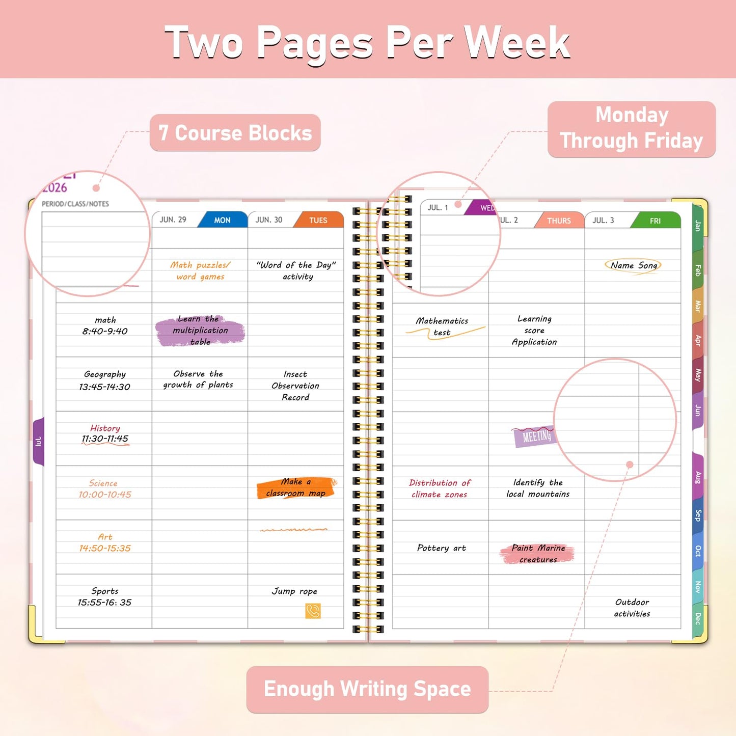 Teacher Planner 2026-2027, Jul 2026-Jun 2027 Academic Year, 8.5" x 11" Lesson Planner Book for Teacher Calendar, Spiral Bound Planners, Planning Stickers, Colorful Monthly Tabs, PinkCheckered