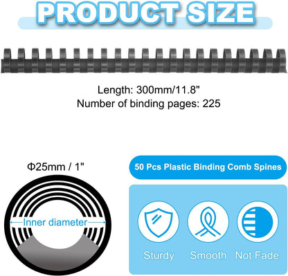 PATIKIL 25mm (1") Plastic Binding Combs, 50 Pcs 21 Rings Comb Binding Spines 225 Sheet Capacity Letter Size for Binding Paper Sheets Notebook Calendar Picture Album, Black