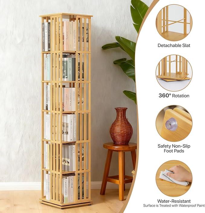 Athena Collection Rotating Bamboo Bookshelf, 6-Tier Floorstanding Corner