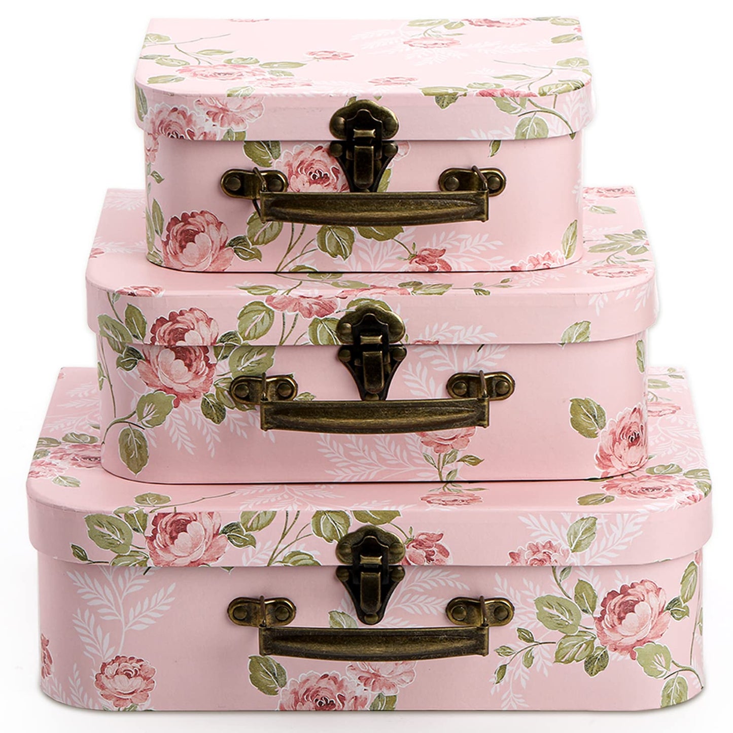 Fasmov 3 Pack Paperboard Suitcases Storage Box Decorative Storage Boxes Gift Boxes With Lids for Photo Storage Home Decoration, Wedding, Birthday, Anniversary, Pink