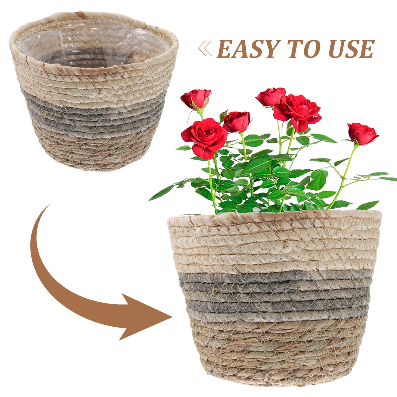 Healeved 2PCS Seagrass Plant Basket with Liner for Indoor Plants Rattan Pots 6inch Weaving Straw Planter Baskets Wicker Small Rustic Decorative Flower Pots for Desktop