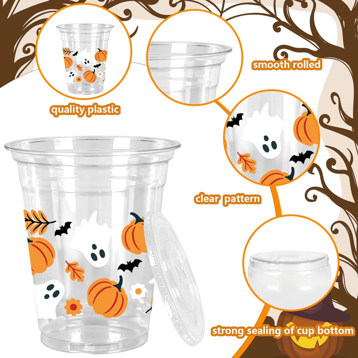 Whaline 50Pcs 12Oz Halloween Plastic Cups with Lids & Straws Pumpkin Ghost Disposable Clear Drinking Cups with Black Ribbon for Birthday Party Supplies