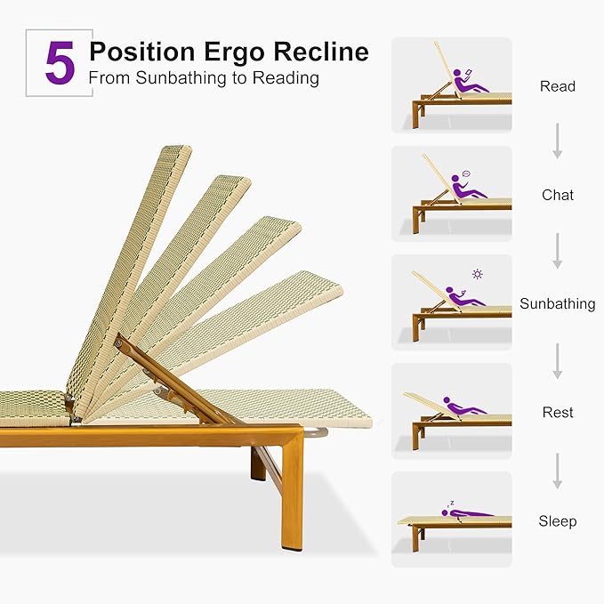 PURPLE LEAF Patio Chaise Lounge French Outdoor Lounger 1 Piece Wood-Grain