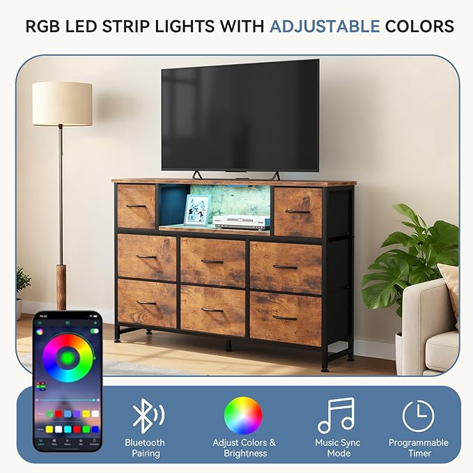 DUMOS TV Stand Dresser with 8 Fabric Drawers and Open Shelves, LED