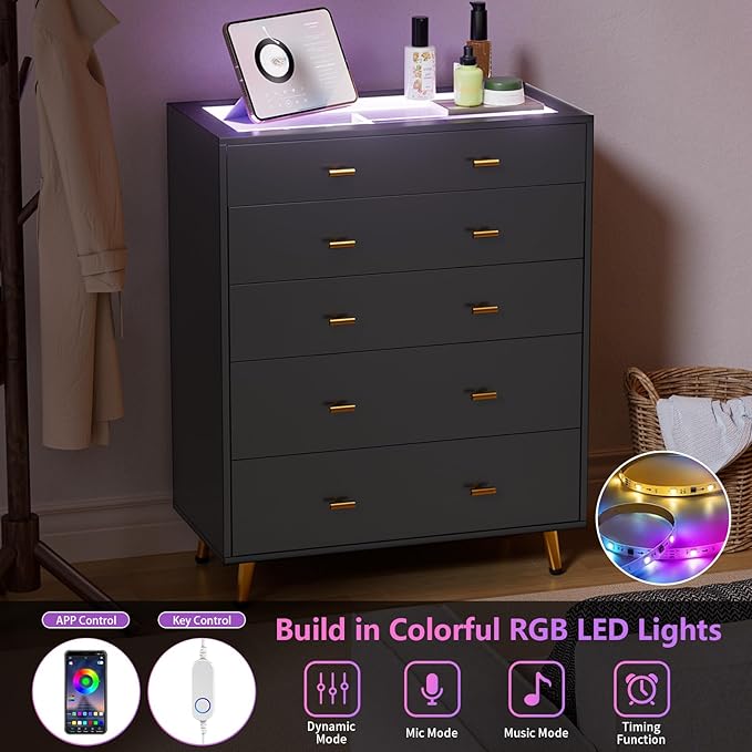 Drawer Dresser with LED Lights, 30.7" W x 39" H Tall Tempered Glass Top Dresser