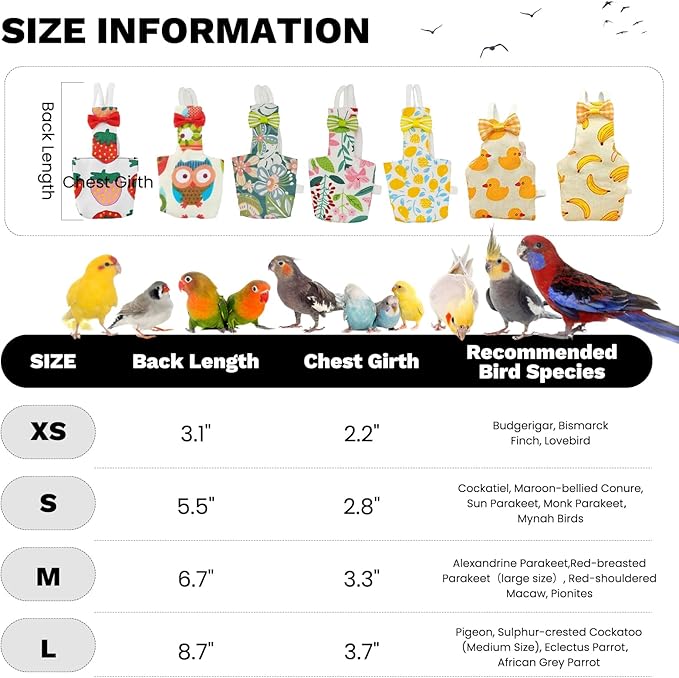 QBLEEV Bird Diapers, Reusable Cockatiel Flight Suit with Adjustable Straps, Parrot Pigeon Pants Urine Wet Leakproof Lining Nappy Clothes, Indoor & Outdoor Poop Control for Conures Sun Parakeet Macaw