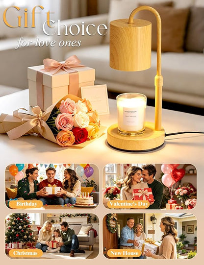 Briever Dimmable Candle Warmer Lamp with Timer, Height Adjustable Electric Candle Wax Warmer, Birthday Gifts for Women Mom, House Warming Gifts New Home Decor, Solid Wood Base, Wood Grain