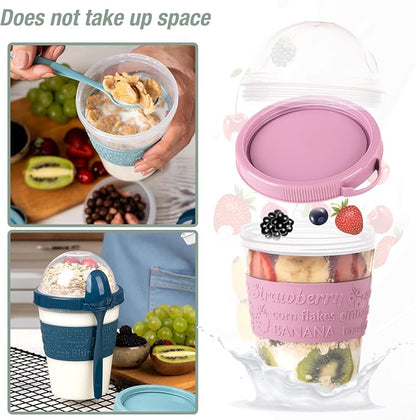 4 Pack Reusable On The Go Yogurt Parfait Cups, Breakfast Plastic Containers with Lids and Spoons, Perfect Jars for Overnight Oats Cereal Granola Oatmeal Smoothies and Snack Prep