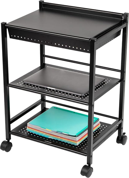 Mind Reader Cart with Covered Compartment, Office Organizer, Storage, 3-Tier, Office, Metal, 20" L x 14.25" W x 28.75" H, Black