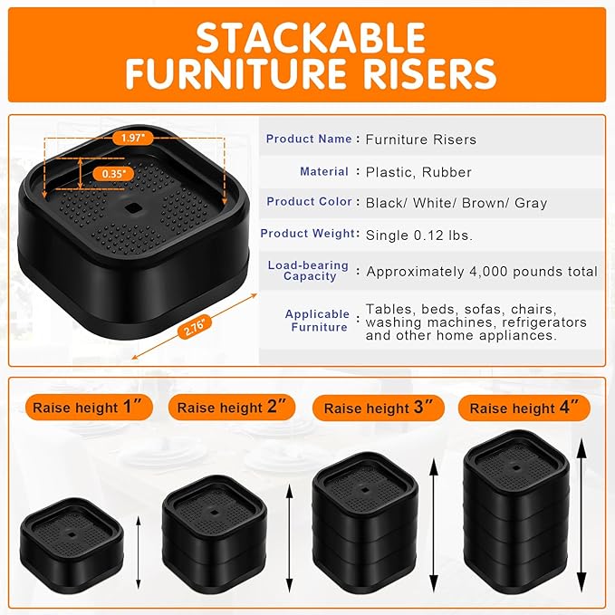 shouwuhho 16 Pack Furniture Risers Adjustable Bed Risers Heavy Duty Lifts