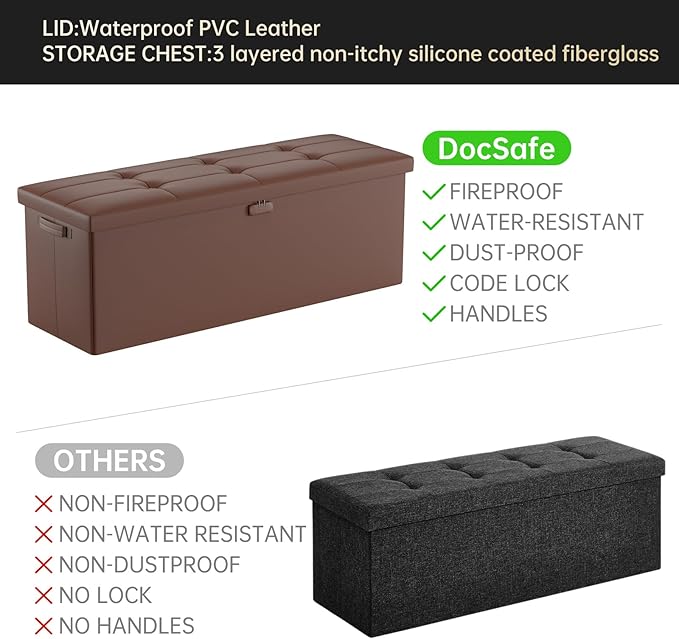 DocSafe Storage Ottoman Bench, Fireproof＆Waterproof Folding Bench