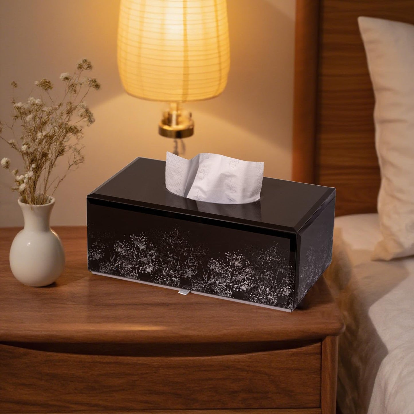 Timetrace Glass Tissue Box Cover Rectangle-Dandelion Pattern Decorative Tissue Holder with Velvet Lining for Home Decor, Bedroom, Kitchen, Office (Black)