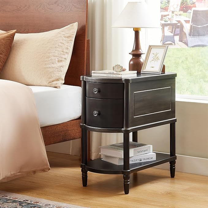 ONBRILL Narrow End Table with Charging Station, Pre-Assembled Nightstand with 2