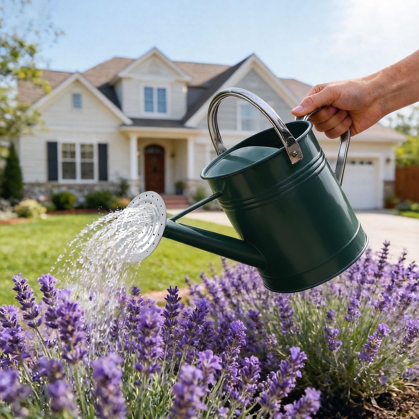 Metal Watering Can for Outdoor Plants, 1.7 Gallon Dark Green Garden Watering Can for Flower, Houseplants, Galvanized Finish