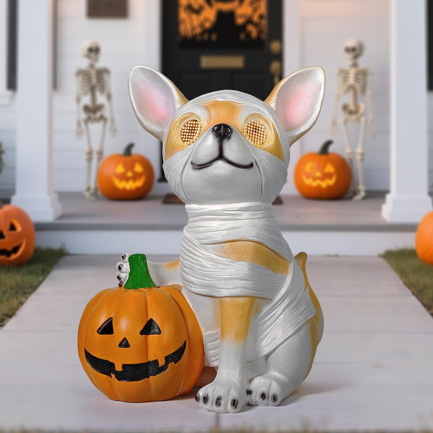 QOCNAM Halloween Decorations, Halloween Dog Statue Holding Pumpkin, with 360°Rotating Glowing Eyes and Solar Power,Outdoor Dog Statue for Front Door Porch, Yard, Lawn, Garden &Spooky Gifts
