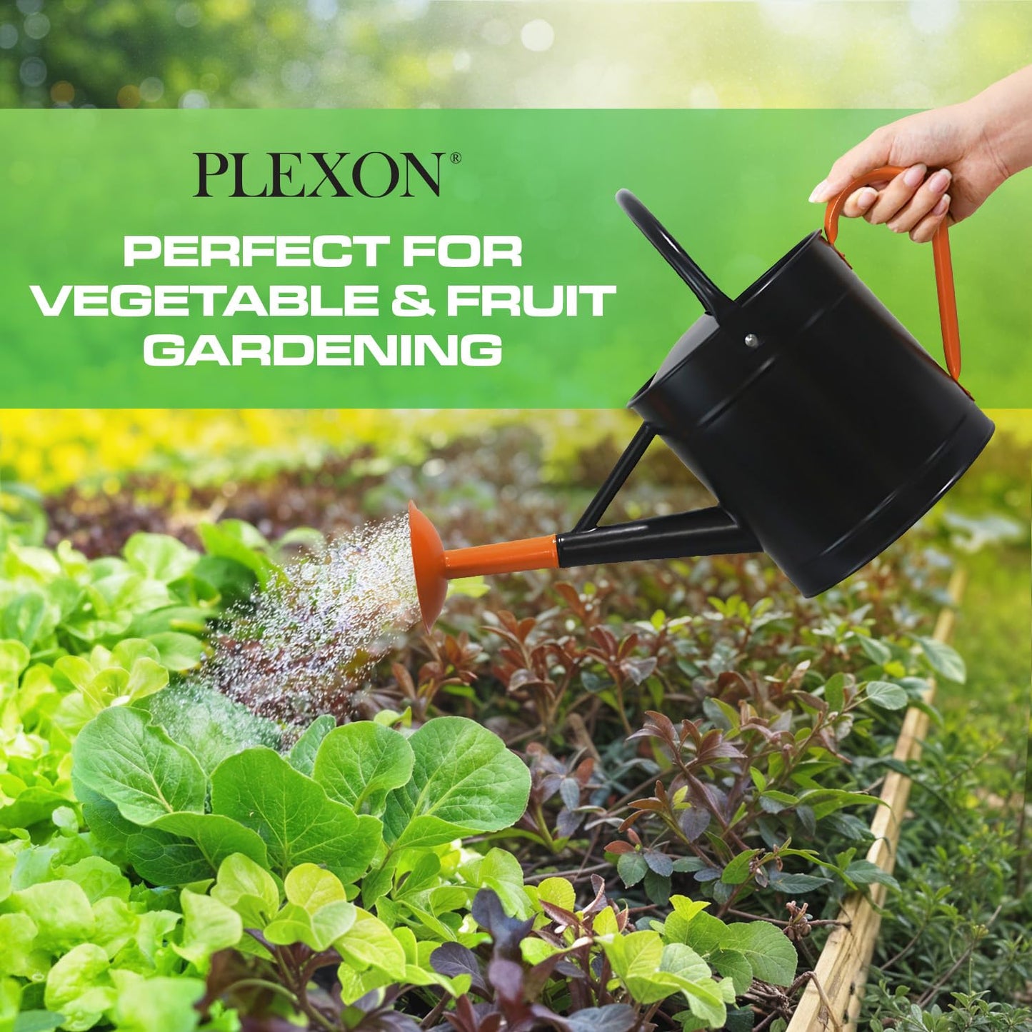 Plexon Metal Watering Can Outdoor 1 Gallon, Flower Plant Gardening Garden Large Watering Can Pot Pitcher, Steel Orange Handles and Removable Spray Spout, Black