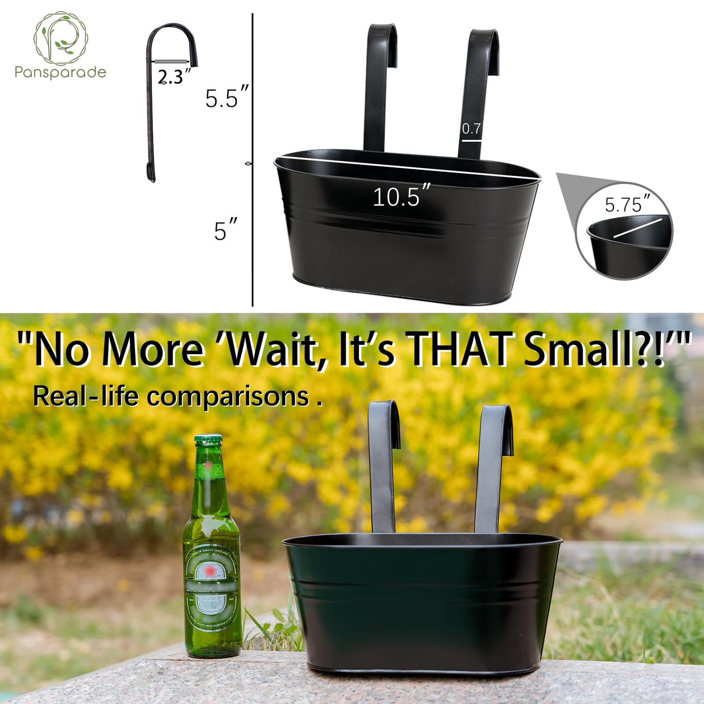 pansparade 3 Pack Metal Hanging Flower Pots for Railing Fence，Outdoor Balcony Rail Planter with Detachable Hooks Drainage Holes for Deck Garden Home Decor Black