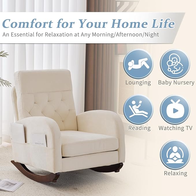 VINGLI Chenille Low Seat Rocking Chair, Upholstered Nursery Glider Chair