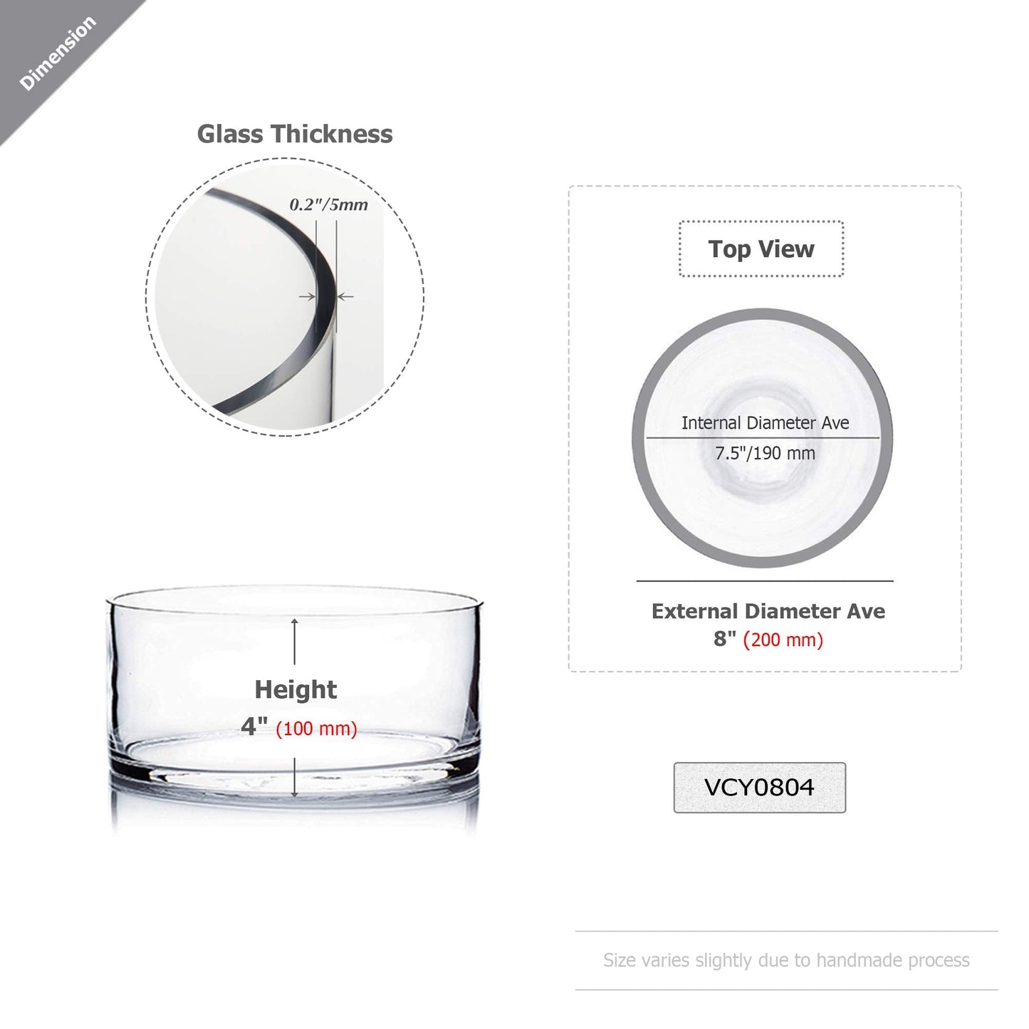 WGV Cylinder Vase, Open Width 8", Height 4", Clear Flat Pan Style Container, Planter Terrarium, Floral Centerpiece for Wedding Party Event, Home Office Decor, 1 Piece