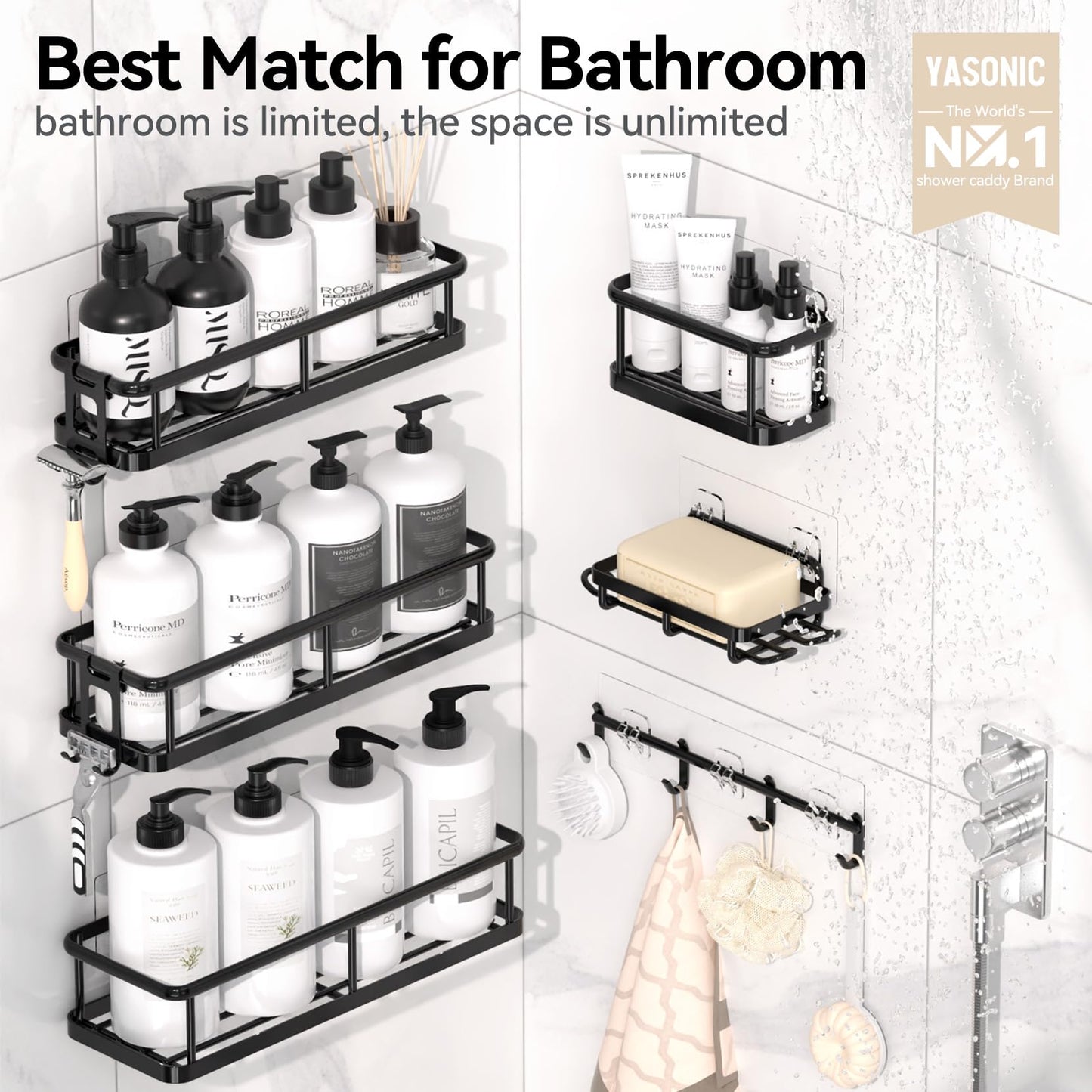 YASONIC Shower Caddy, 100% Rustproof Shower Shelves for Inside Shower, No Drilling Bathroom Organizers and Storage, 6 Pack Large Capacity Bathroom Caddy for Kitchen & Home Decor