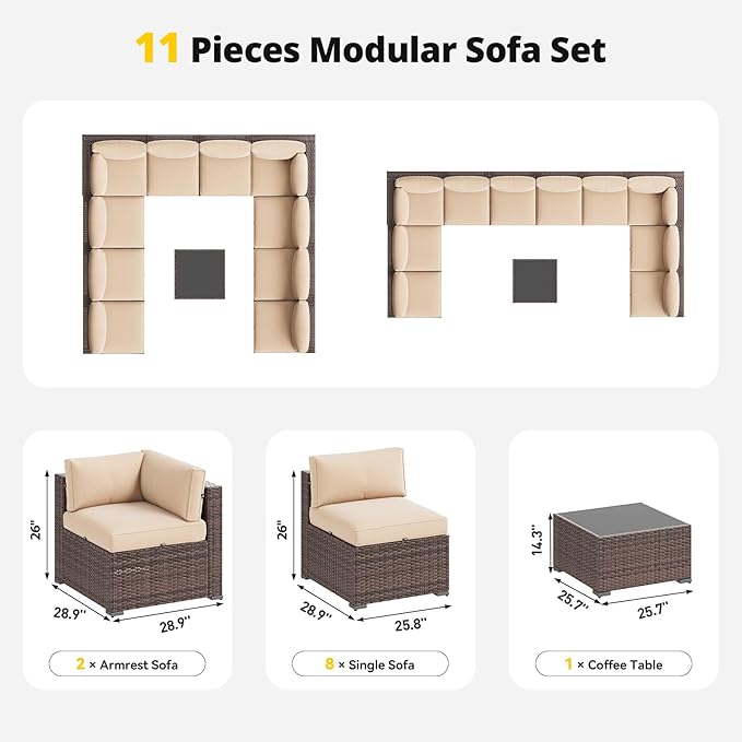 Aoxun Patio Furniture Set, 11 Piece Outdoor Sectional Sofas