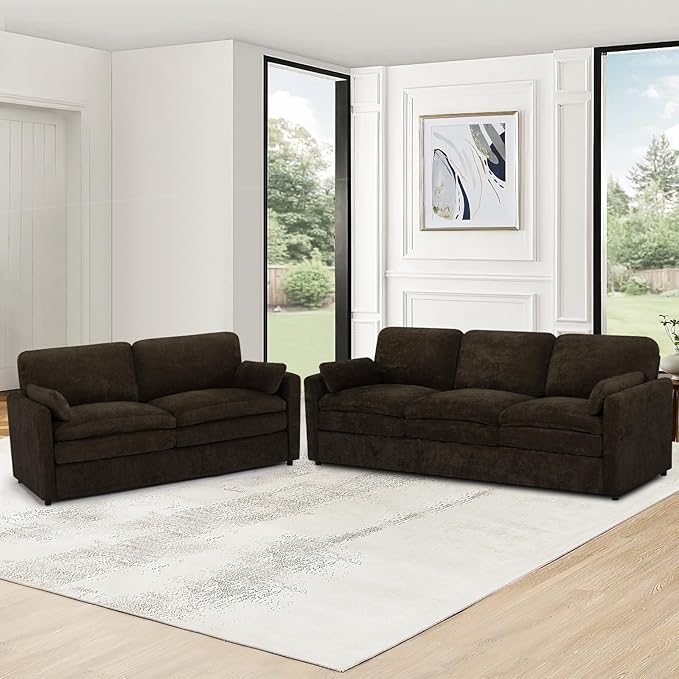 Comfy Chenille Sofa Set with Well-Filled Pillows, Modern 3 Seater and Loveseat