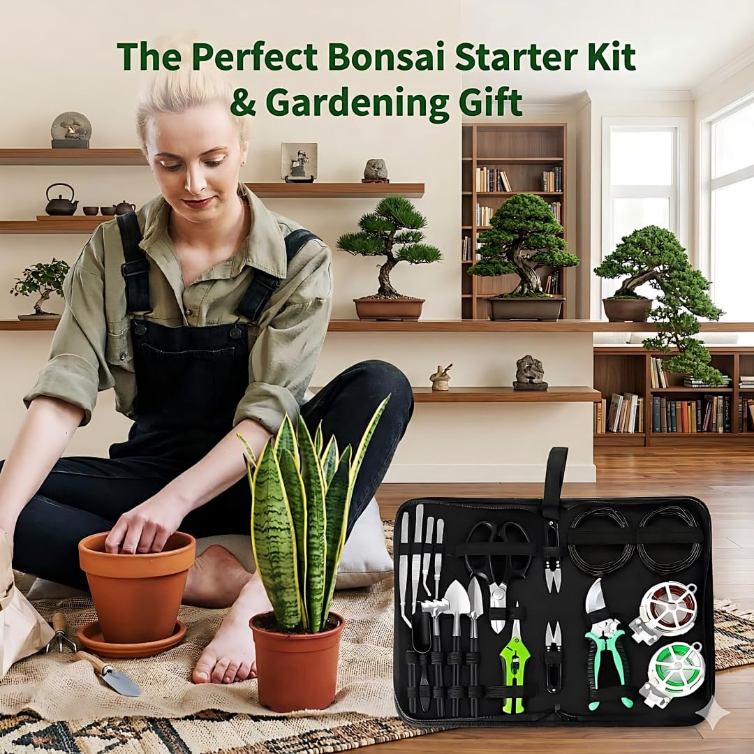 Bonsai Tools Set, 20-Piece Bonsai Tools Set with Waterproof Repotting Mat, Pruning Shears, Scissors & Training Wire - Indoor Gardening Starter Gifts for Women, Men & Beginners