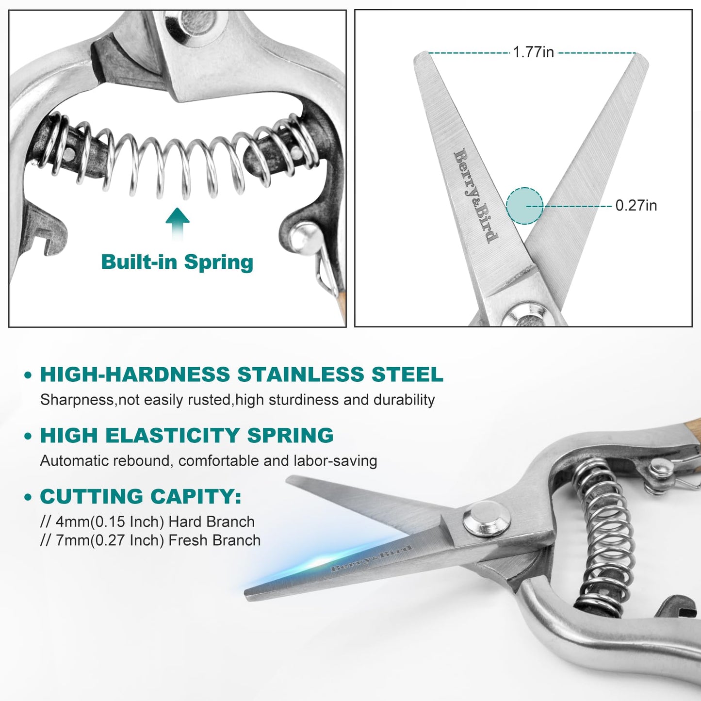 Berry&Bird Straight Pruning Shears with Stainless Steel Blades Garden Hand Pruner 8'' Scissors with Wooden Handle Clippers for Gardening Trimming Cutting Bonsai