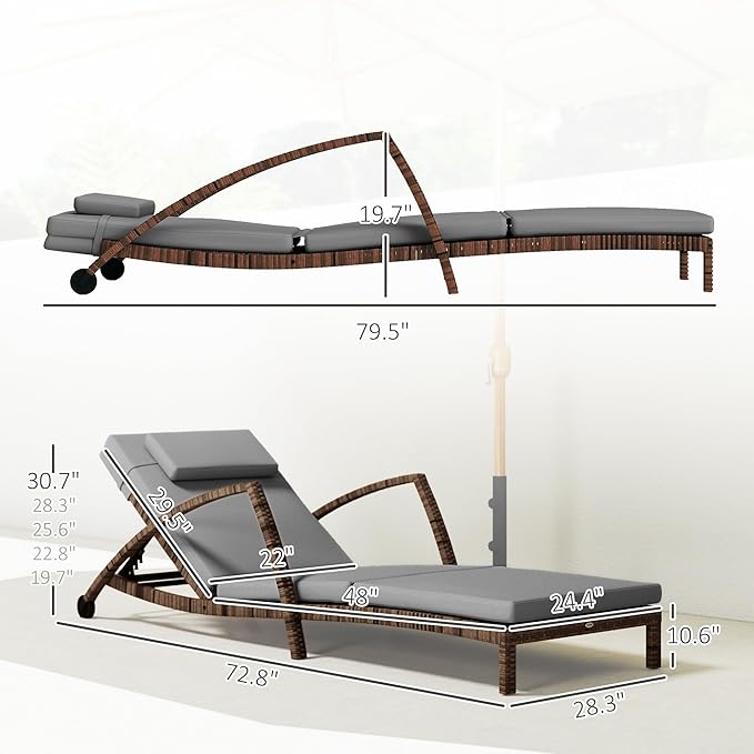 Outsunny Wicker Chaise Lounge Chair Outdoor Set of 2, 5-Position Adjustable