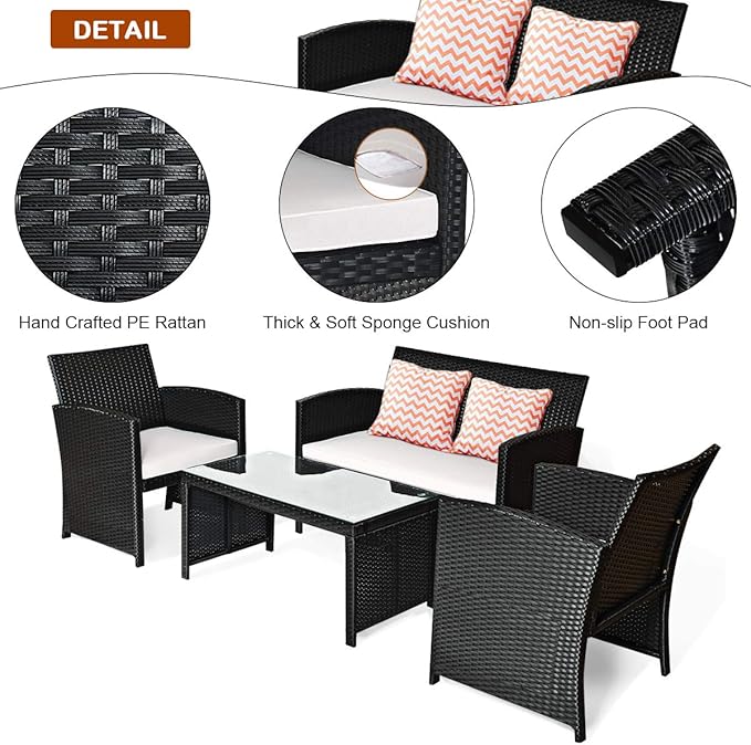Tangkula Patio Wicker Conversation Furniture Set, Patiojoy Sofa & Table Set w/4