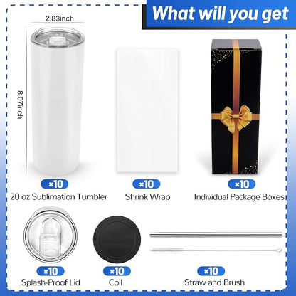 Joyclub Sublimation Tumblers Blanks 20 oz 10 Pack Skinny Straight Tumblers Bulk Stainless Steel Insulated Sublimation Cups with Lid and Straw, Gift Box
