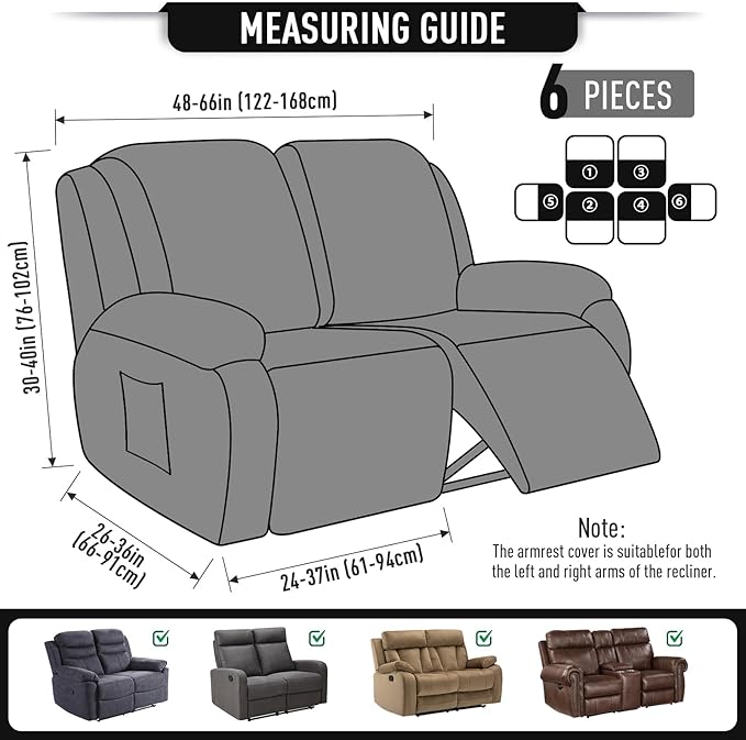 TAOCOCO Recliner Loveseat Slipcover, 6 Pieces Dual Recliner Sofa Covers