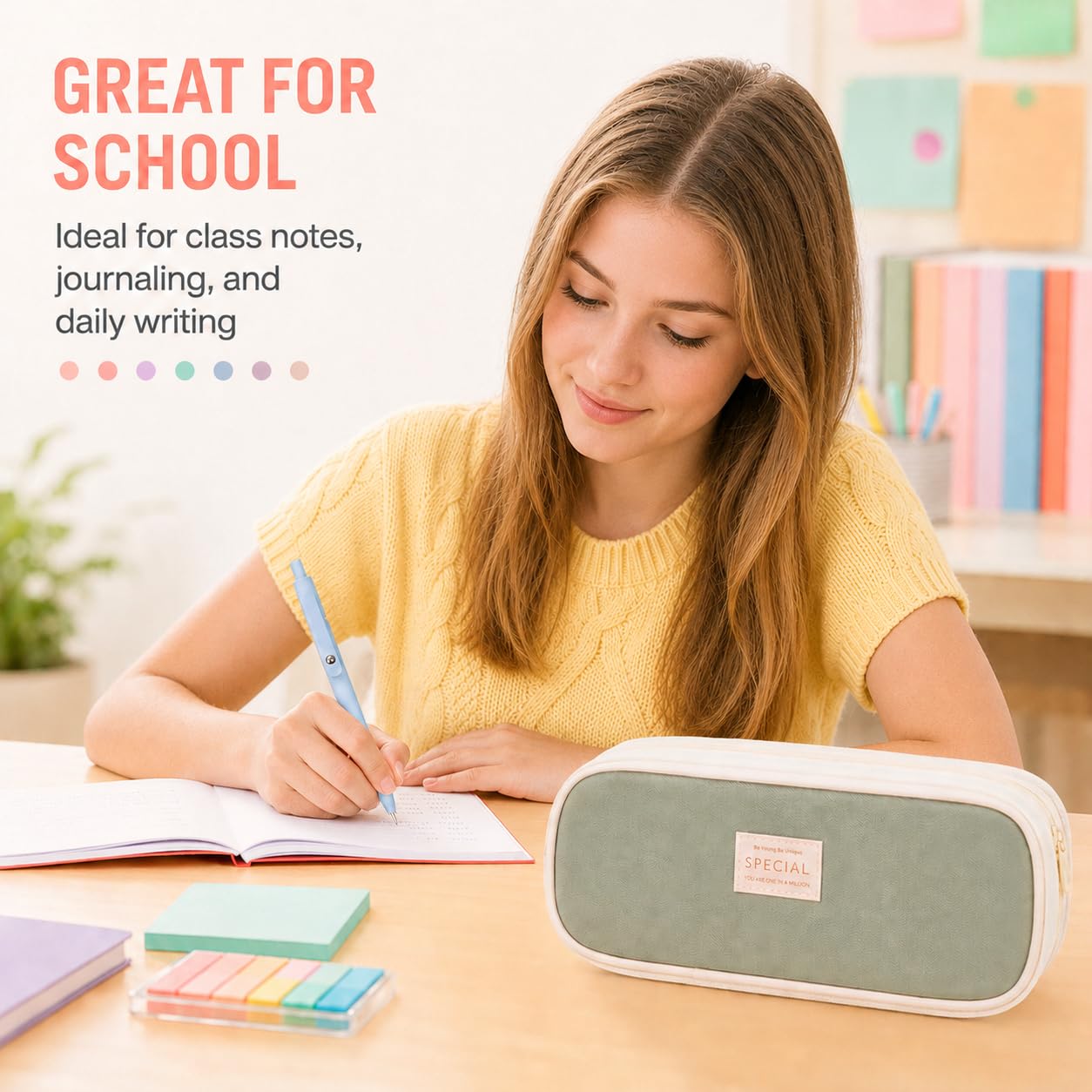 27 Pcs Aesthetic School Supplies Include 12 Pcs Aesthetic Highlighters Bible 1 Ppcs Big apacity Pen Case Bag 5 Pcs Retractable Quick Dry Gel Ink Pens 9 Pads Clear Sticky Tabs for School Office Home