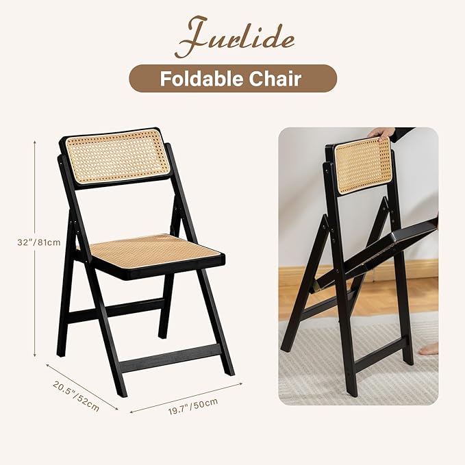 Furlide Rattan Folding Chairs, Modern Mid Century Dining Chairs Set of 2