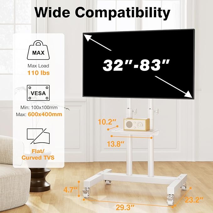 Mobile TV Stand Rolling TV Cart Floor Stand