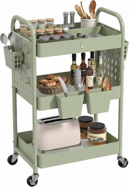 danpinera 3 Tier Rolling Cart with Retractable Dividers, Multi-Functional White Rolling Utility Cart with Pegboards, Hooks & Hanging Cups for Nursery, Living Room, Studio