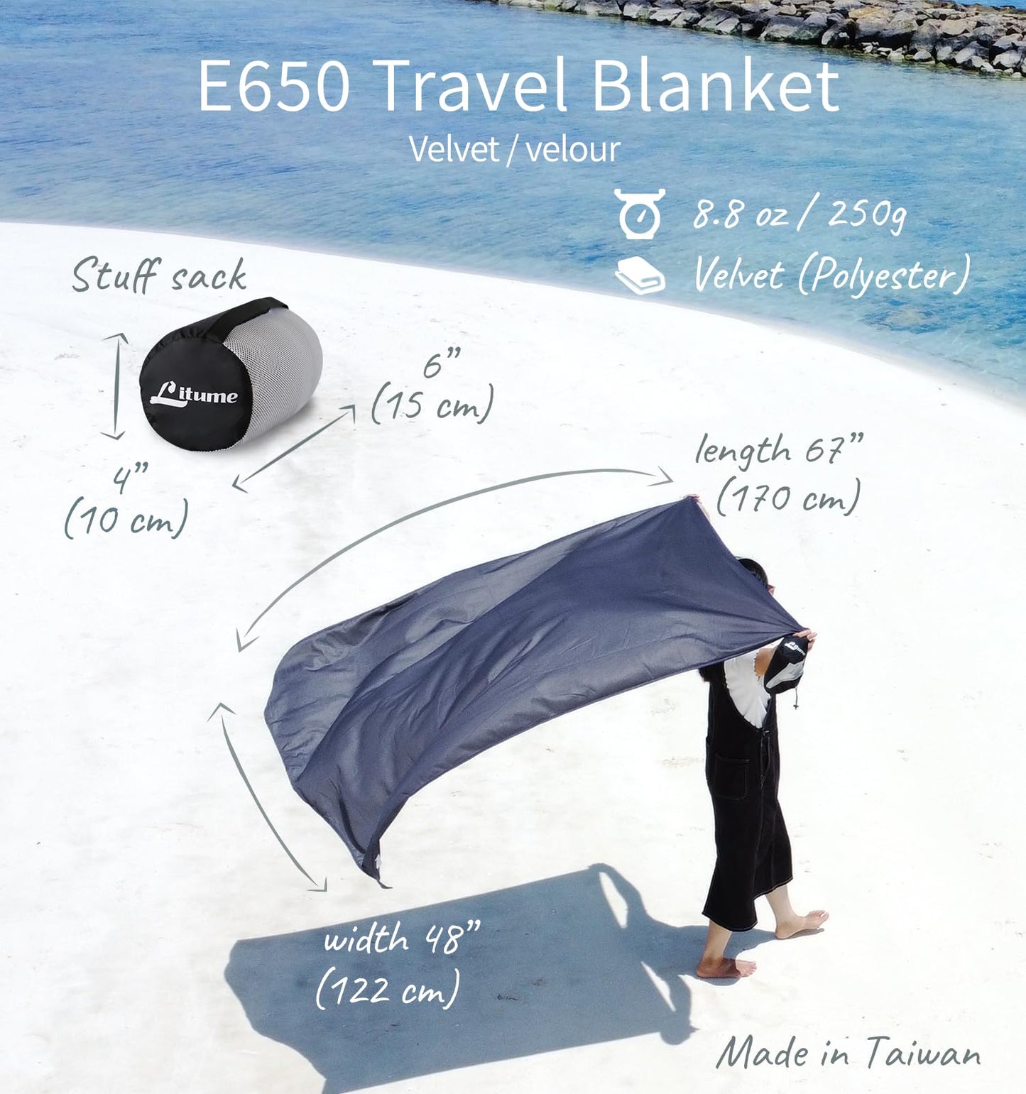 Litume Travel Blanket Lightweight and Breathable, 67 x 48 in Soft Airplane Flight Blanket for Travelers, Foldable Camping Sheet with Stuff Sack for Train, Camp, backapcking, office, home (Velvet E650)