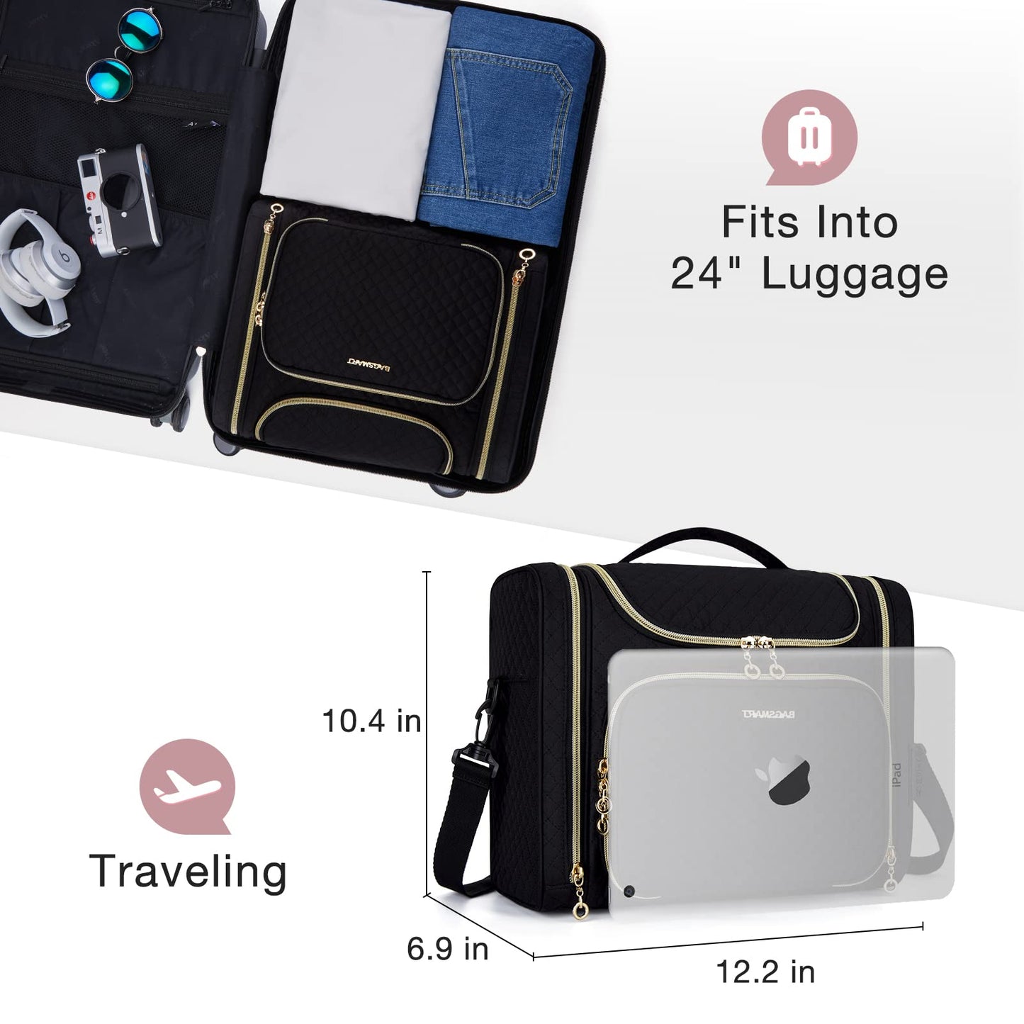 BAGSMART Toiletry Bag, Travel Toiletry Bag for Women, Water-resistant Cosmetic Makeup Bag, Large Capacity Door Room Essentials Travel Organizer for Full Sized Toiletries and Cosmetics, Black