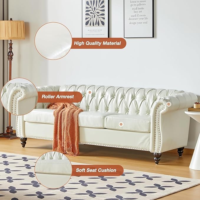 Mid-Century 3 Seater Sofa, Faux Leather Couch