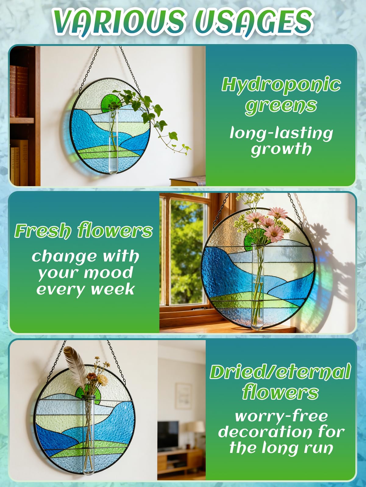 Stained Glass Propagation Stations - Sunshine Catcher Window Hanging Plant Holder, Terrariums Wall Decor for Women Mom Plant Lovers Gardening Gifts, Blue