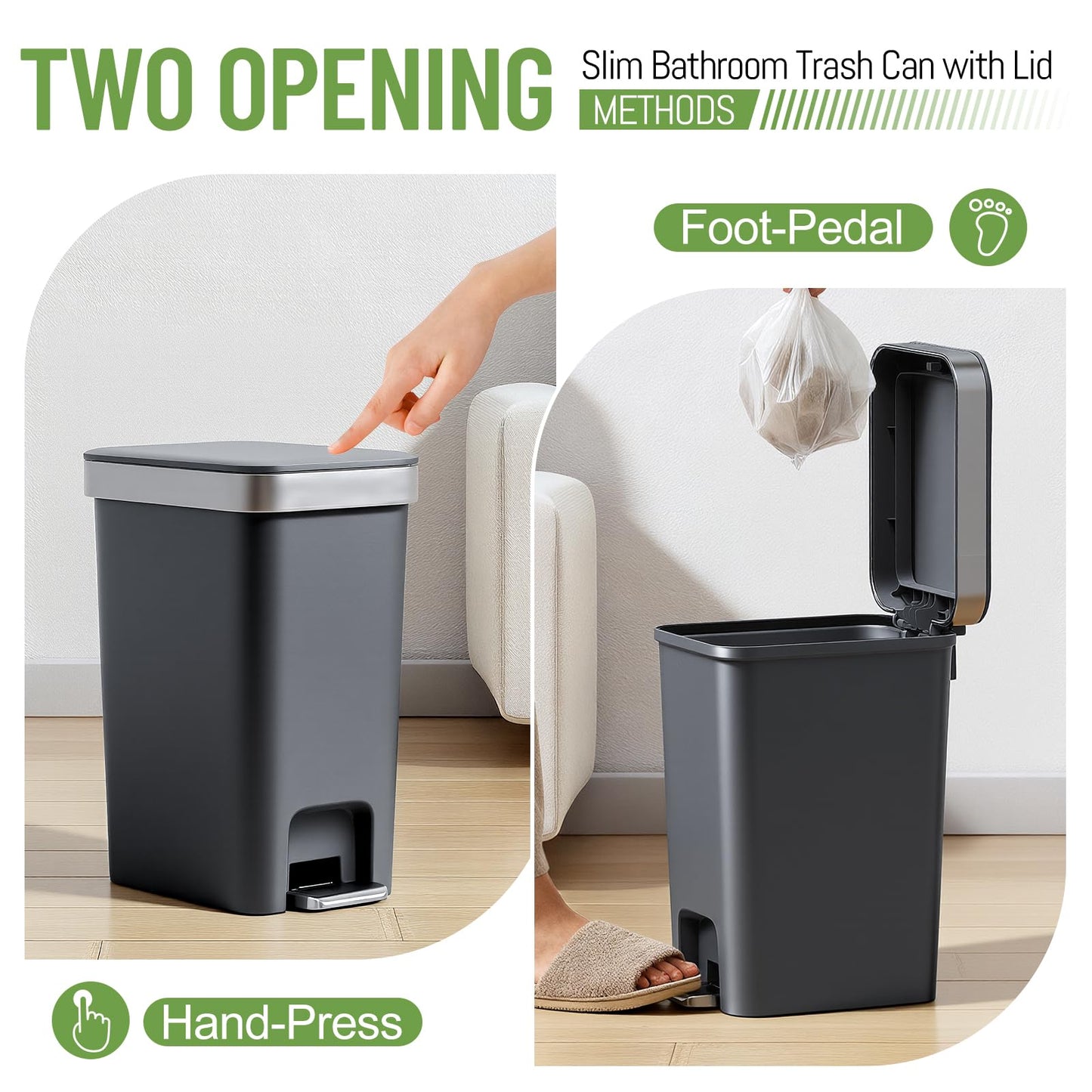 accep 2 Pack Bathroom Garbage Can with Lid, 2.6 Gallon /10 Liter Small Trash Can, Press Top Bin & Step Metal Pedal Trash Bin, Waste Basket for Bedroom, Home Offices, Small Spaces, Dorm (Black Gray)