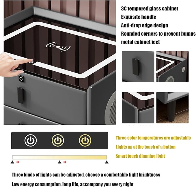 Smart Bedroom Nightstand with Fingerprint Lock and Adjustable LED Lights
