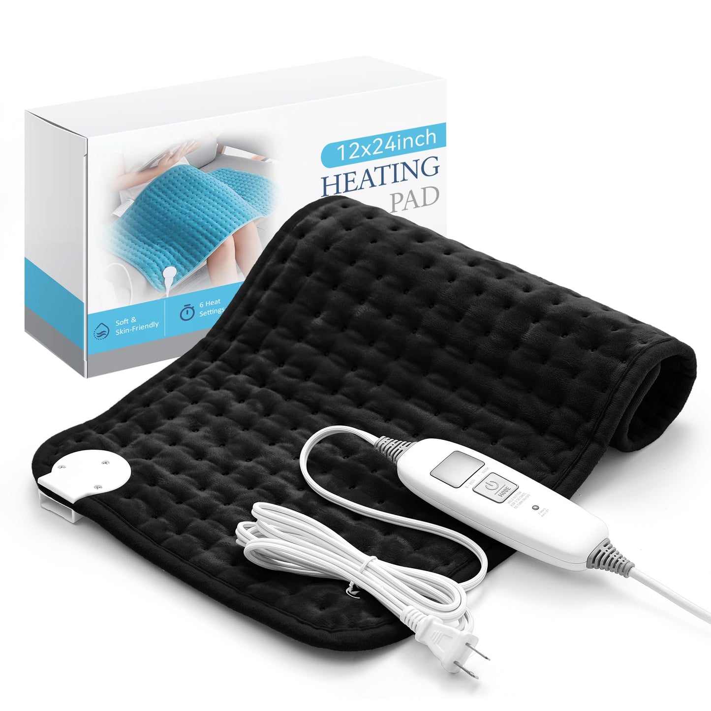 Electric Heating Pad for Back Pain Relief & Cramps - 6 Heat Settings,Auto Shut Off,Moist Heat Options,Portable Heated Pads for Neck/Shoulder Machine Washable Gift for Men Women,Grey,12"x24"
