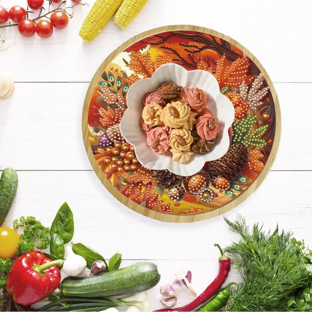 ARTopet DIY Diamond Round Serving Tray Diamond Art Painting Creative Design Handmade Bamboo Tray Dinner Plate for Coffee Breakfast Home Organizer-Fall Pumpkins