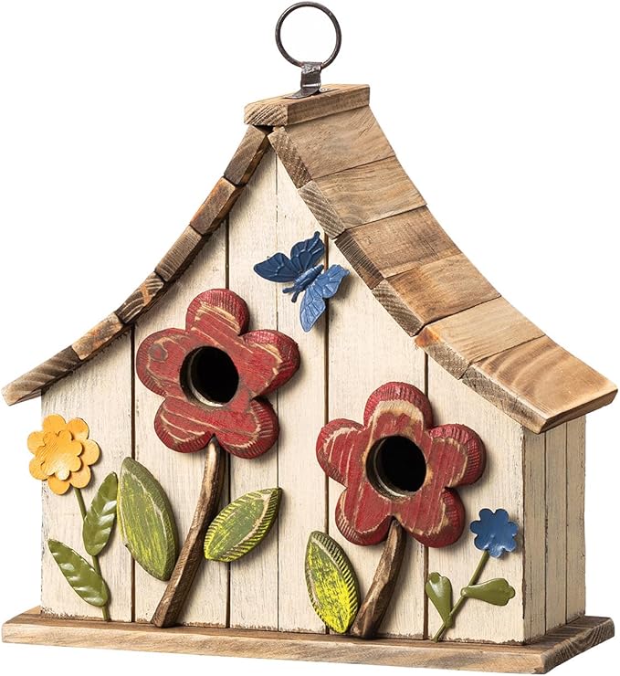Glitzhome Hanging Birdhouses for Outside,10.75" L Distressed Solid Wood Birdhouse with 3D Flowers Rustic Two-Story Townhouse Hand-Painted Bird Houses for Outdoors,Washed White