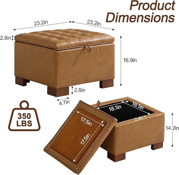 WUTUTUEE 24" Faux Leather Square Storage Ottoman