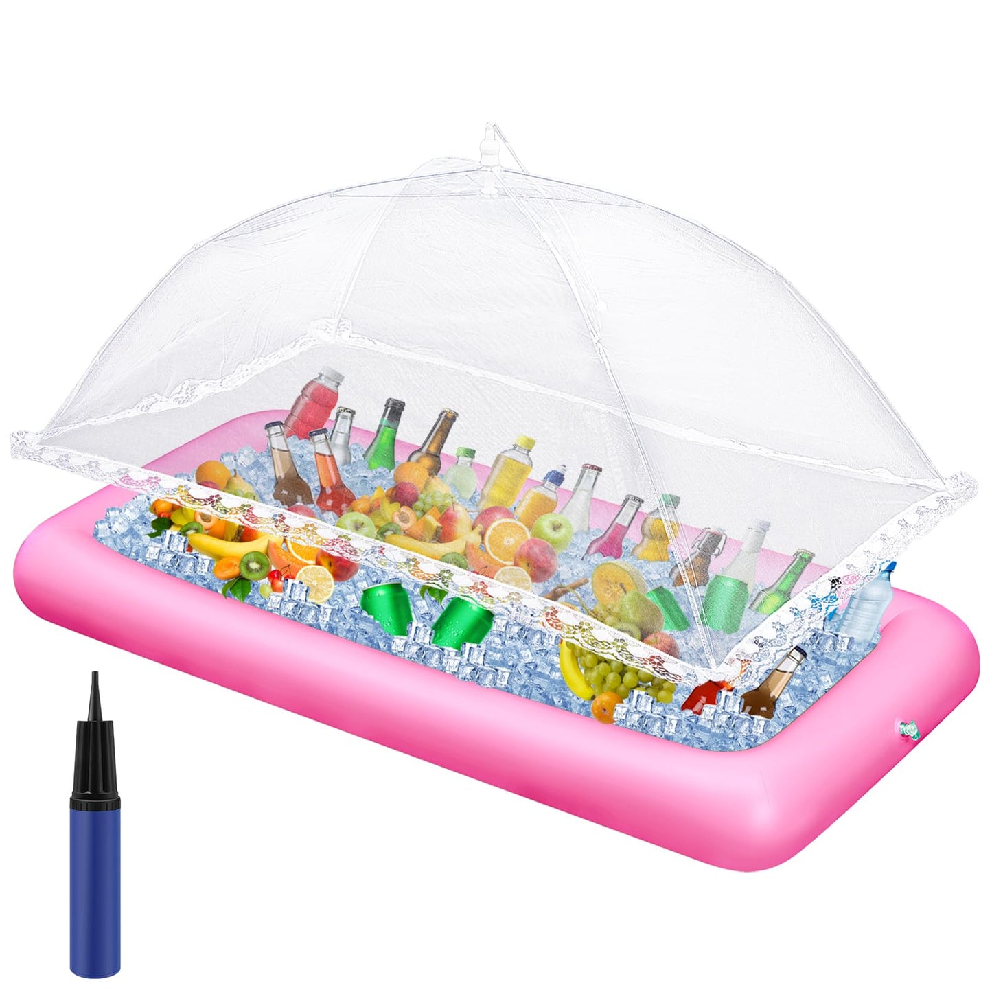 Leitee 3 Pcs Inflatable Serving Bar Kit Includes Salad Buffet Tray with Drain Plug Mesh Food Cover Food Drink Containers and Inflator for Ice Supplies Halloween Party Camping Picnic(Pink)