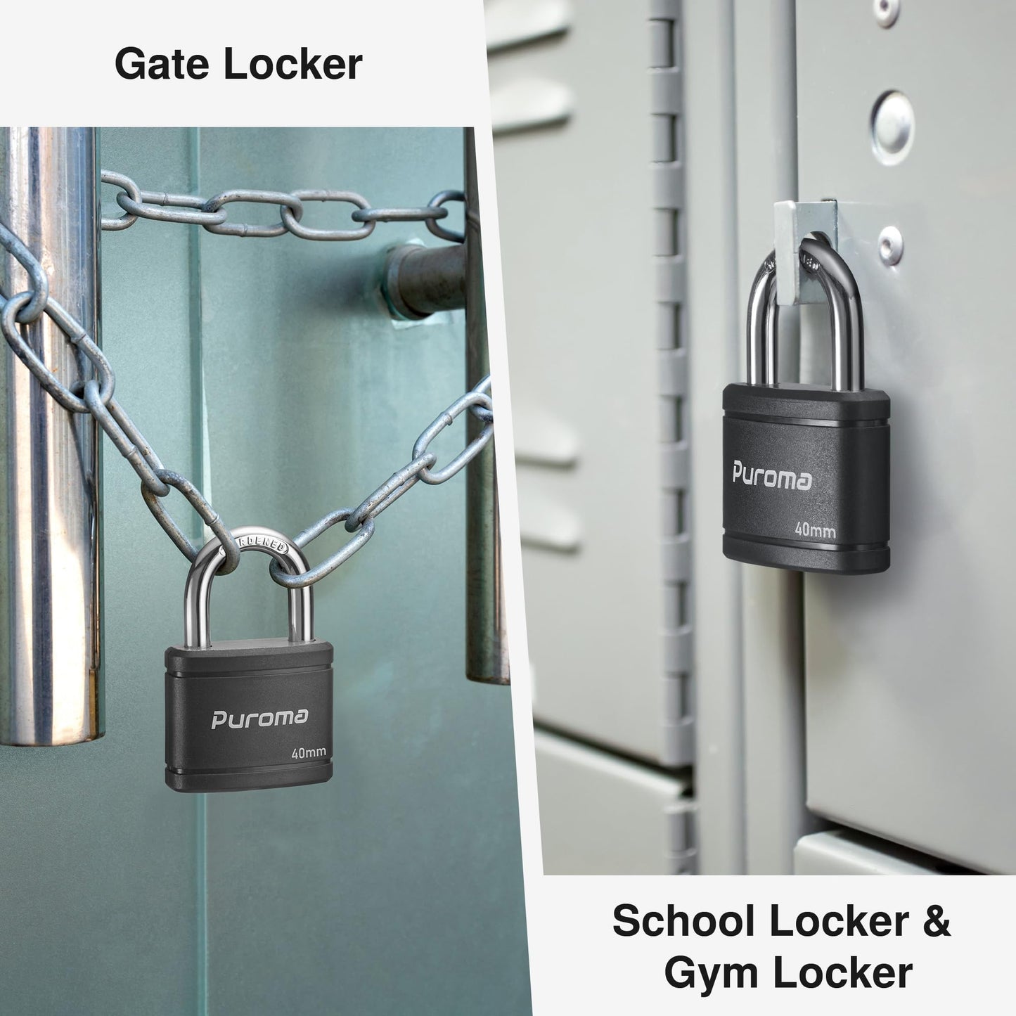 Puroma 2 Pack Keyed Padlock with 3 Keys Alike, 1.1 Inch Locker Lock 40mm Heavy-Duty Locks for Gate Fence Hasp Cabinet Toolbox School Gym Locker (Black)