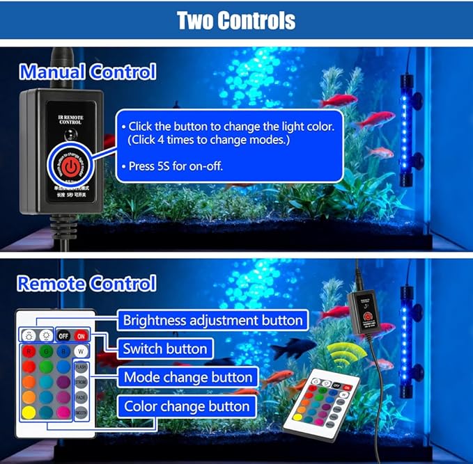 LED Aquarium Light with IP68 Waterproof and Memory Function Submersible Fish Tank Light with Remote and 16 Colors 15 Inches Brightness Adjustable Underwater Light Bar for Fish Tank Aquarium