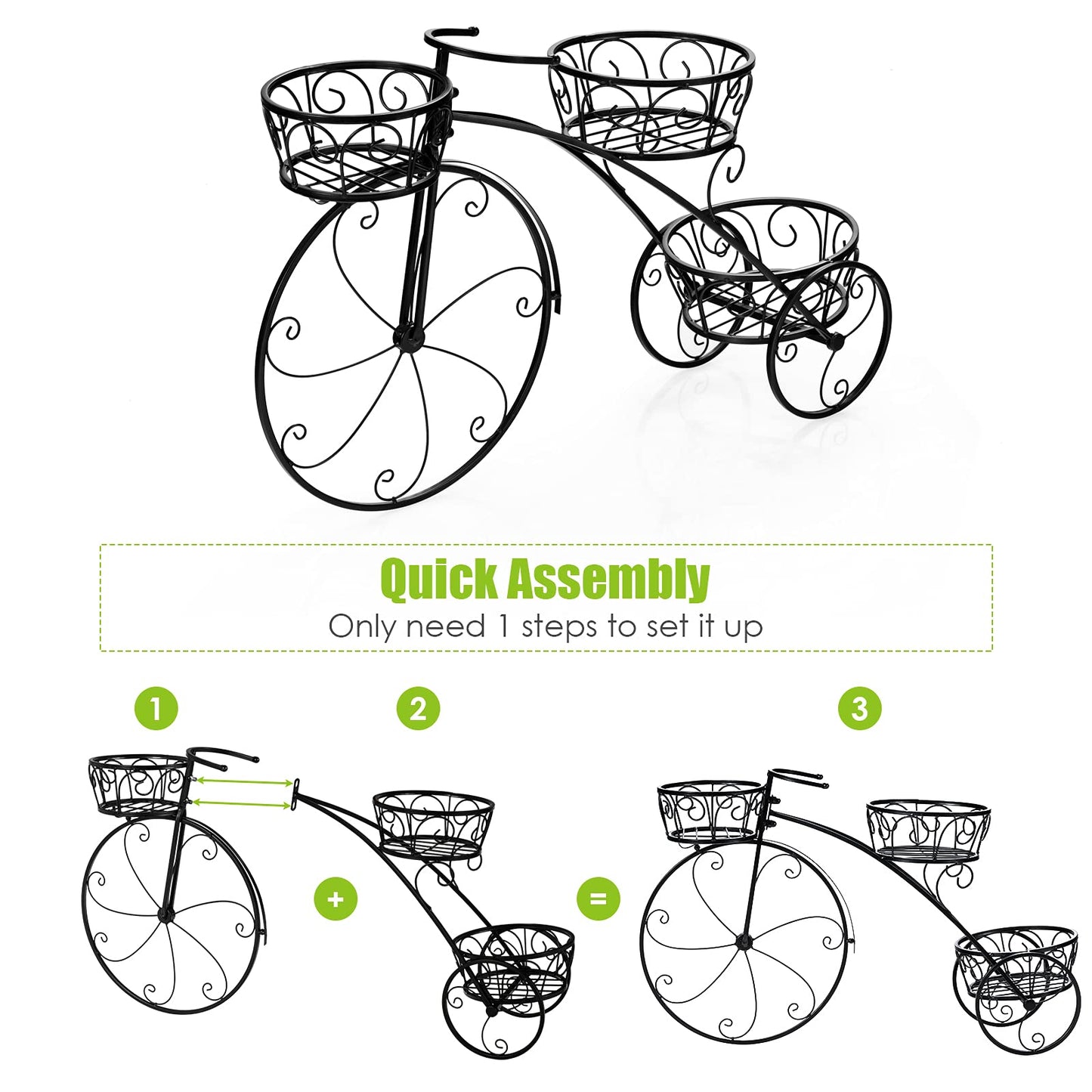 OFFICEJOY Bicycle Planter, Flower Pot Stand with 3 Decorative Wheels, 3 Collection Baskets, Metal Steel Frame, Tricycle Plant Stand for Outdoor, Indoor, Home, Balcony, Patio, Garden, Backyard